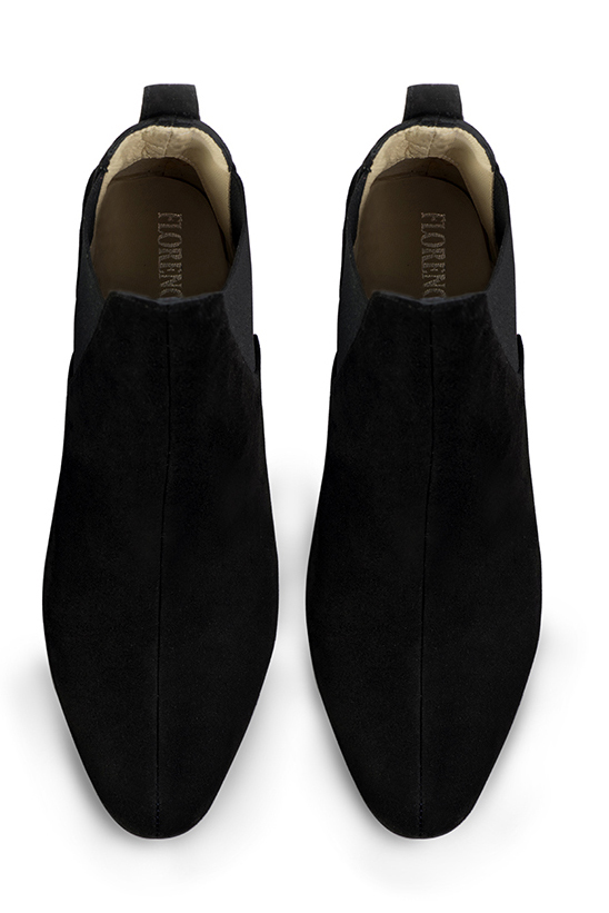 Matt black women's ankle boots, with elastics. Round toe. Low flare heels. Top view - Florence KOOIJMAN